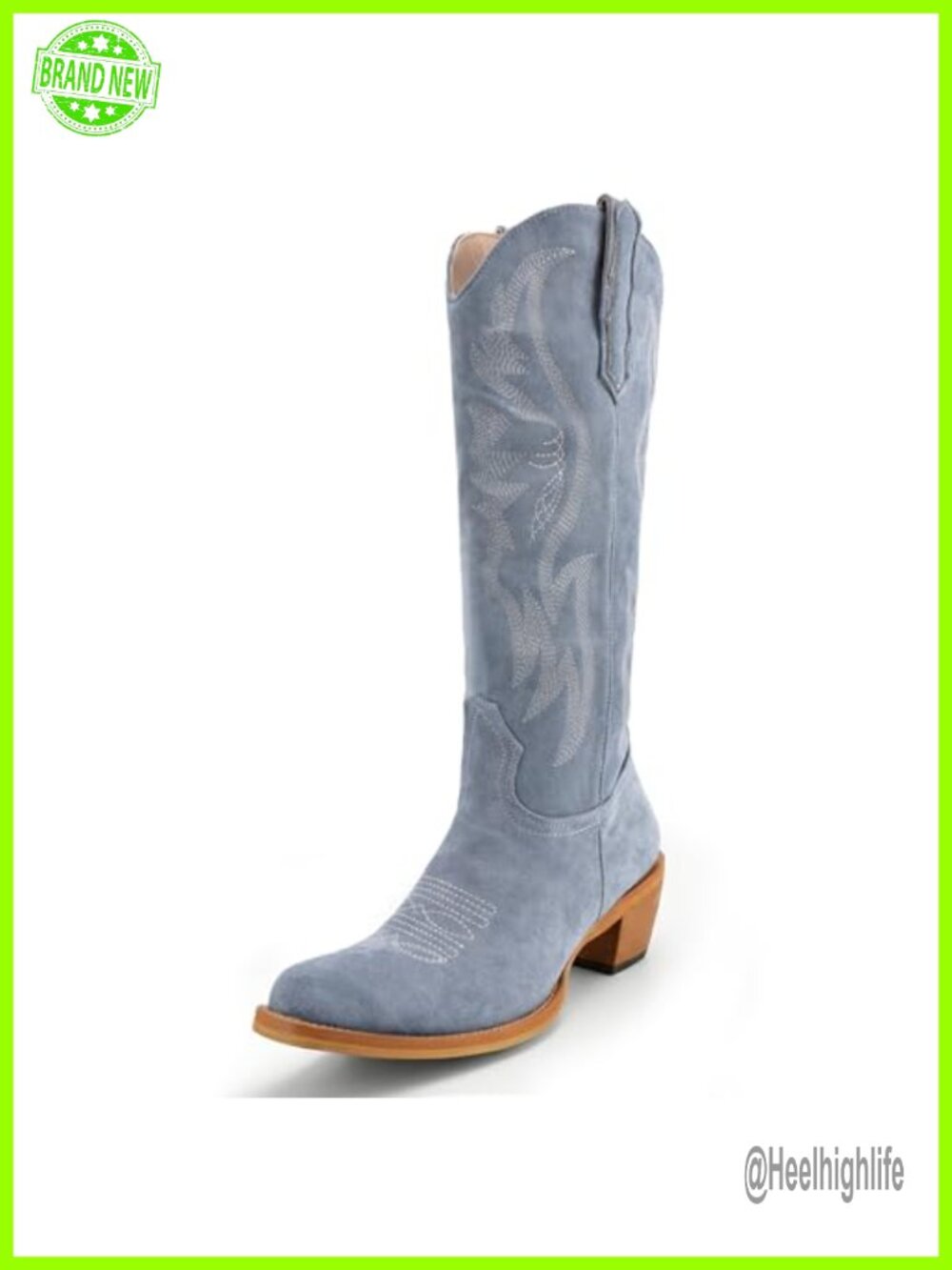 Faux Suede Mid Calf Western Cowboy Boots Embroidered Almond Toe
